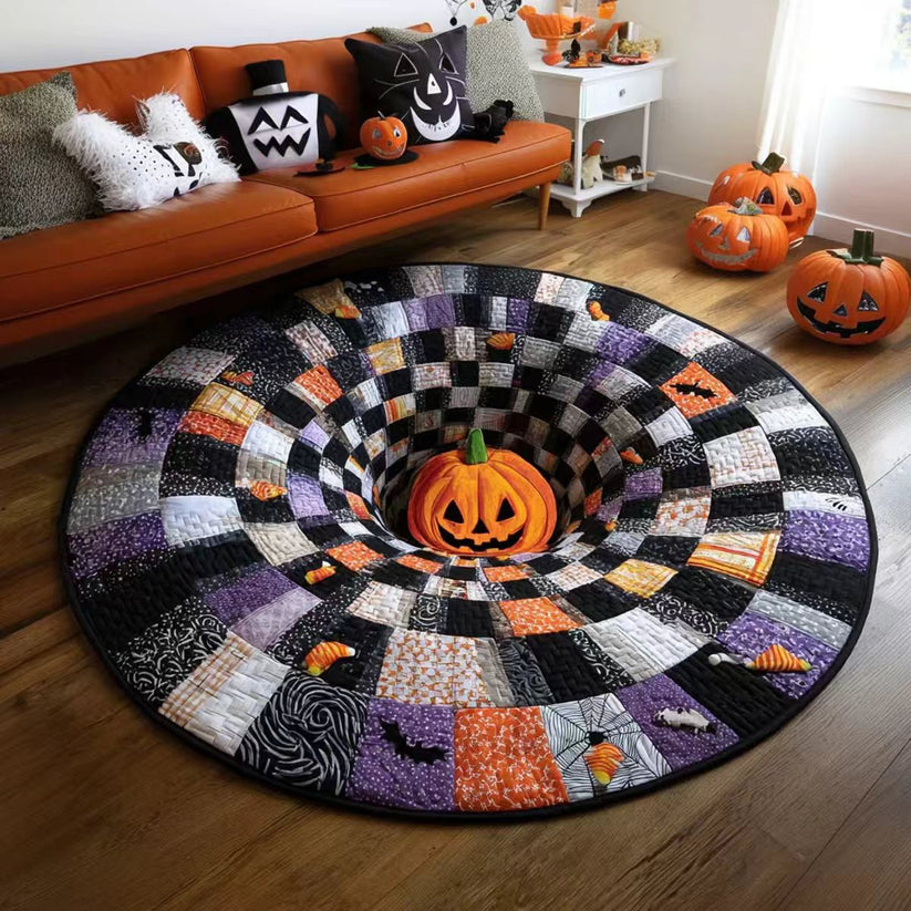 🎃 3D Skeleton Vortex Quilted Round Halloween Rug