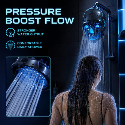 💀Cyber Mecha Skull Color Changing LED Pressure Boost Shower Head