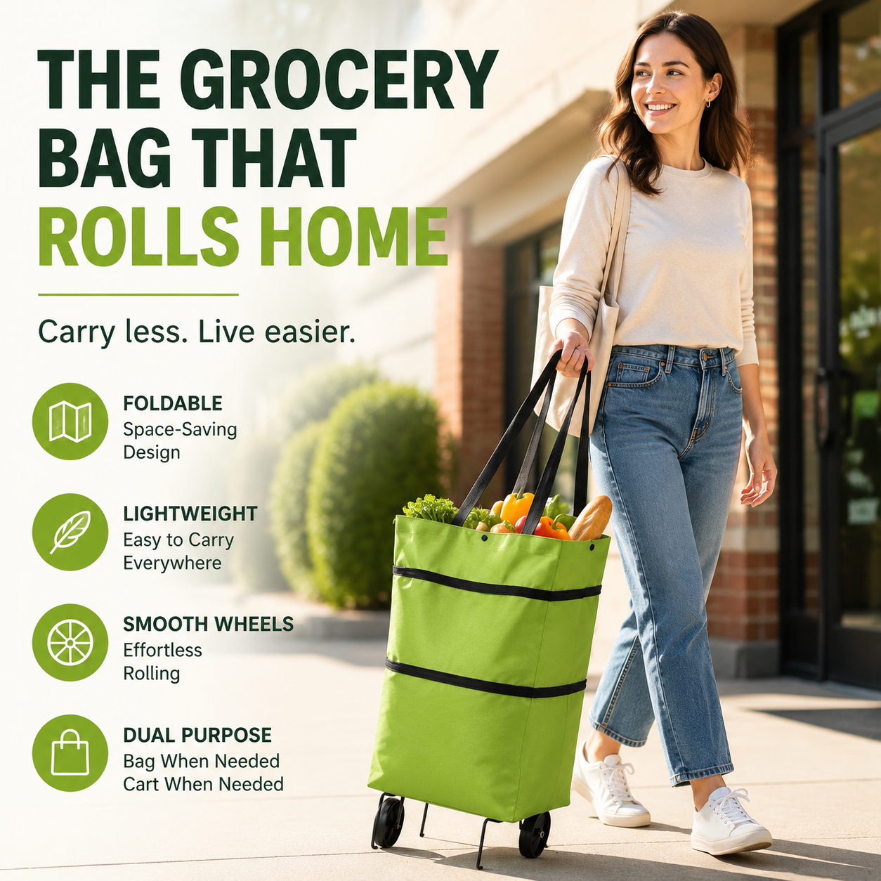 🍂 Fall Sale | 37% OFF – 2-in-1 Foldable Shopping Cart Bag with Wheels