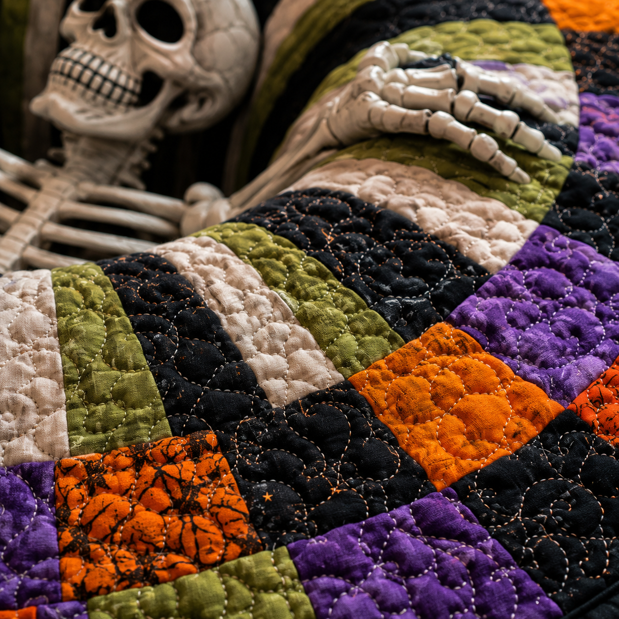 🎃 3D Skeleton Vortex Quilted Round Halloween Rug