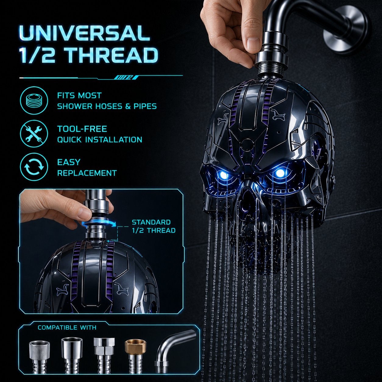 💀Cyber Mecha Skull Color Changing LED Pressure Boost Shower Head