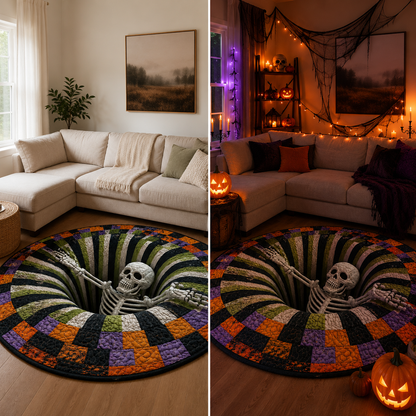🎃 3D Skeleton Vortex Quilted Round Halloween Rug