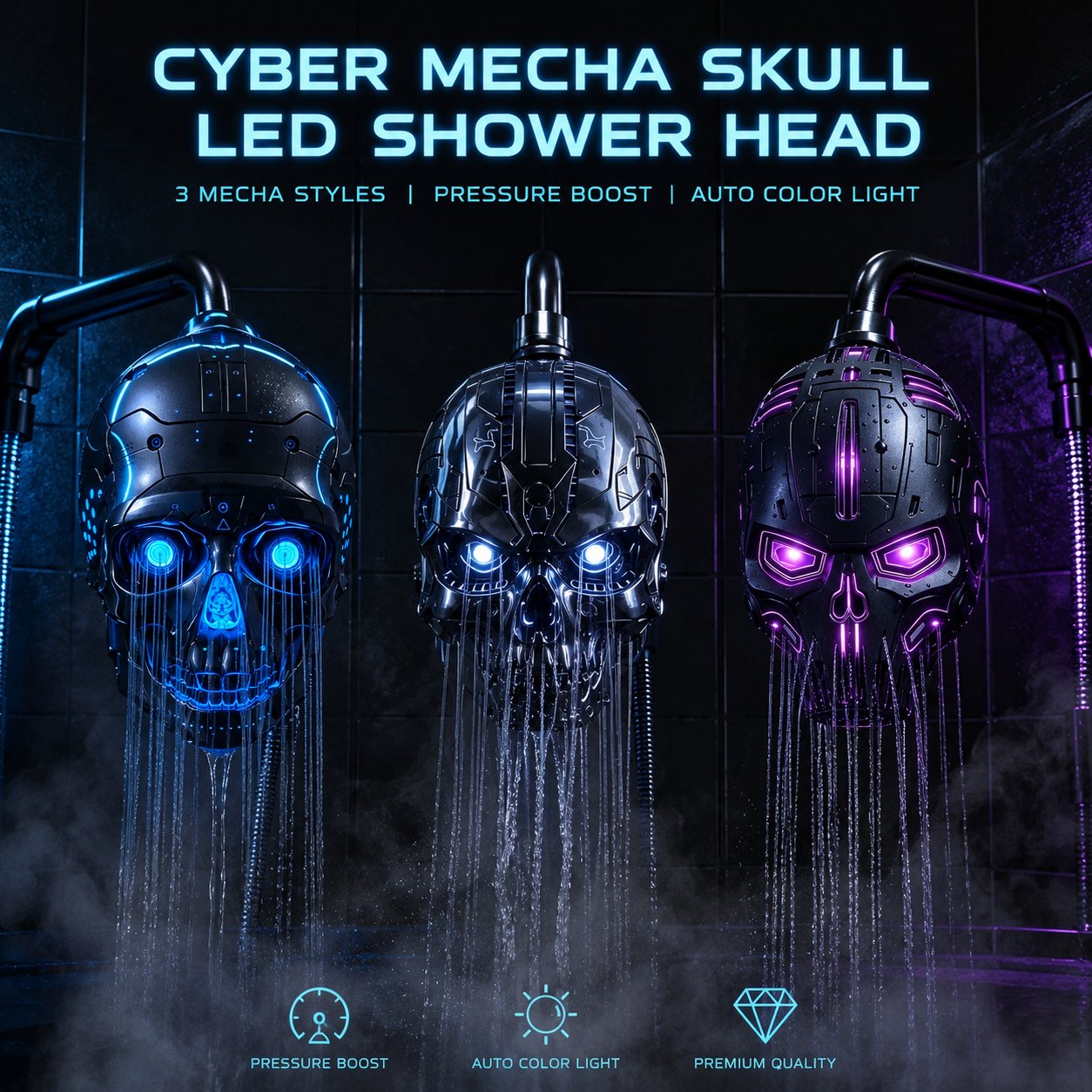 💀Cyber Mecha Skull Color Changing LED Pressure Boost Shower Head