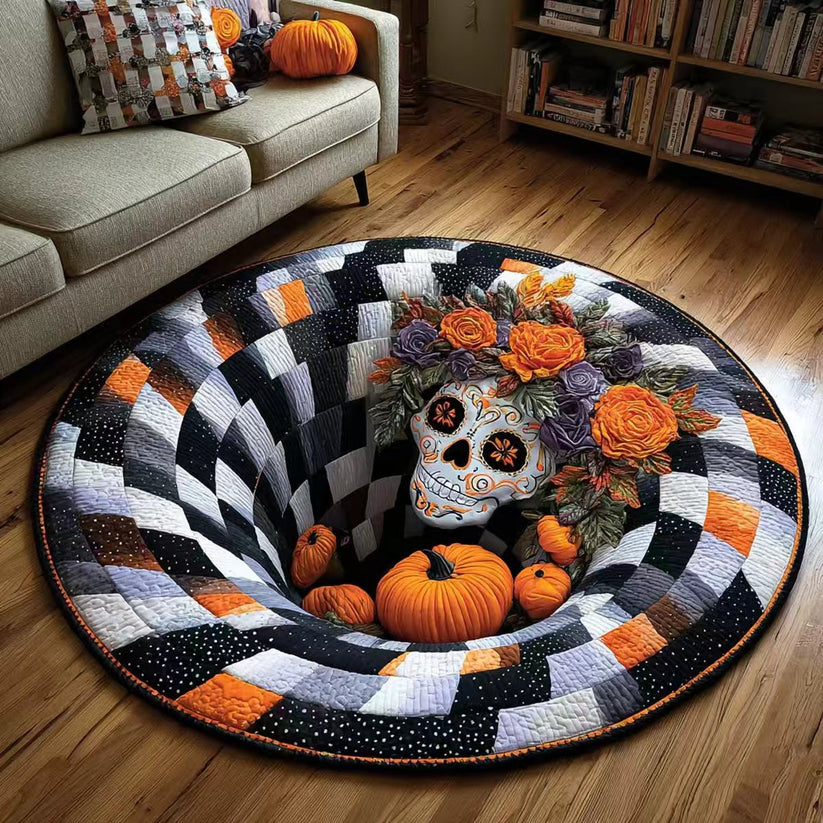 🎃 3D Skeleton Vortex Quilted Round Halloween Rug