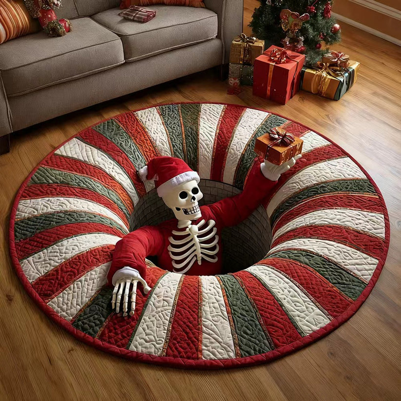🎃 3D Skeleton Vortex Quilted Round Halloween Rug