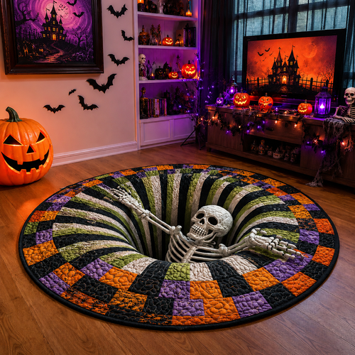 🎃 3D Skeleton Vortex Quilted Round Halloween Rug
