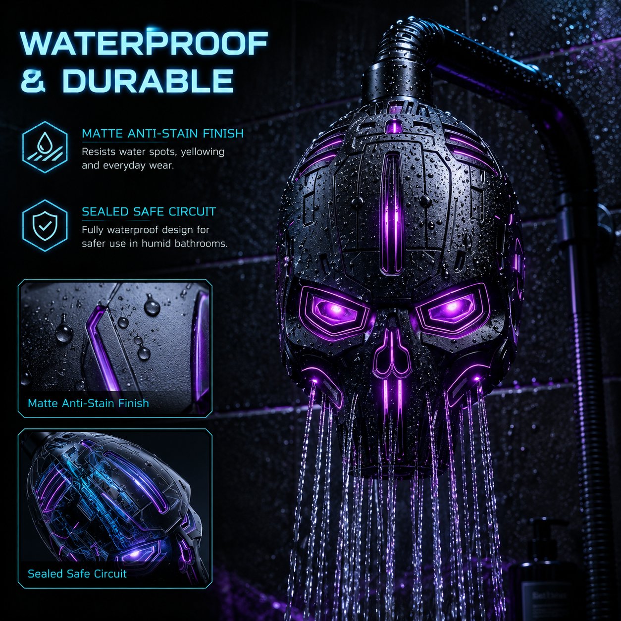 💀Cyber Mecha Skull Color Changing LED Pressure Boost Shower Head